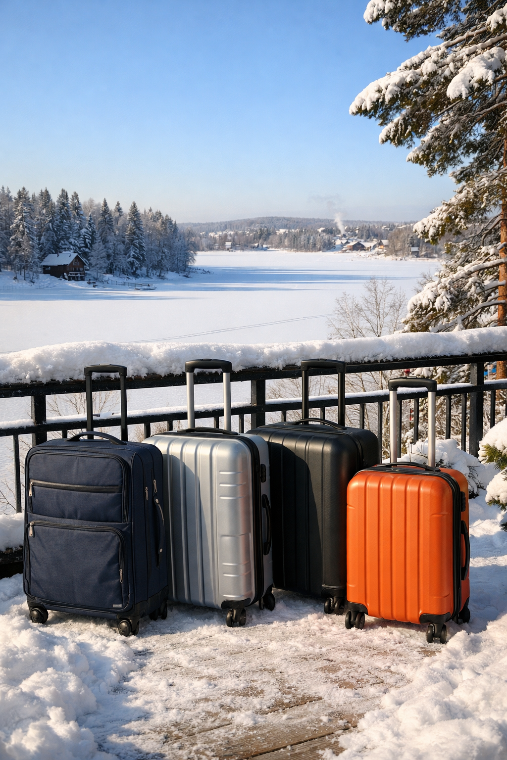 Matkalaukut ulkona pakastumassa